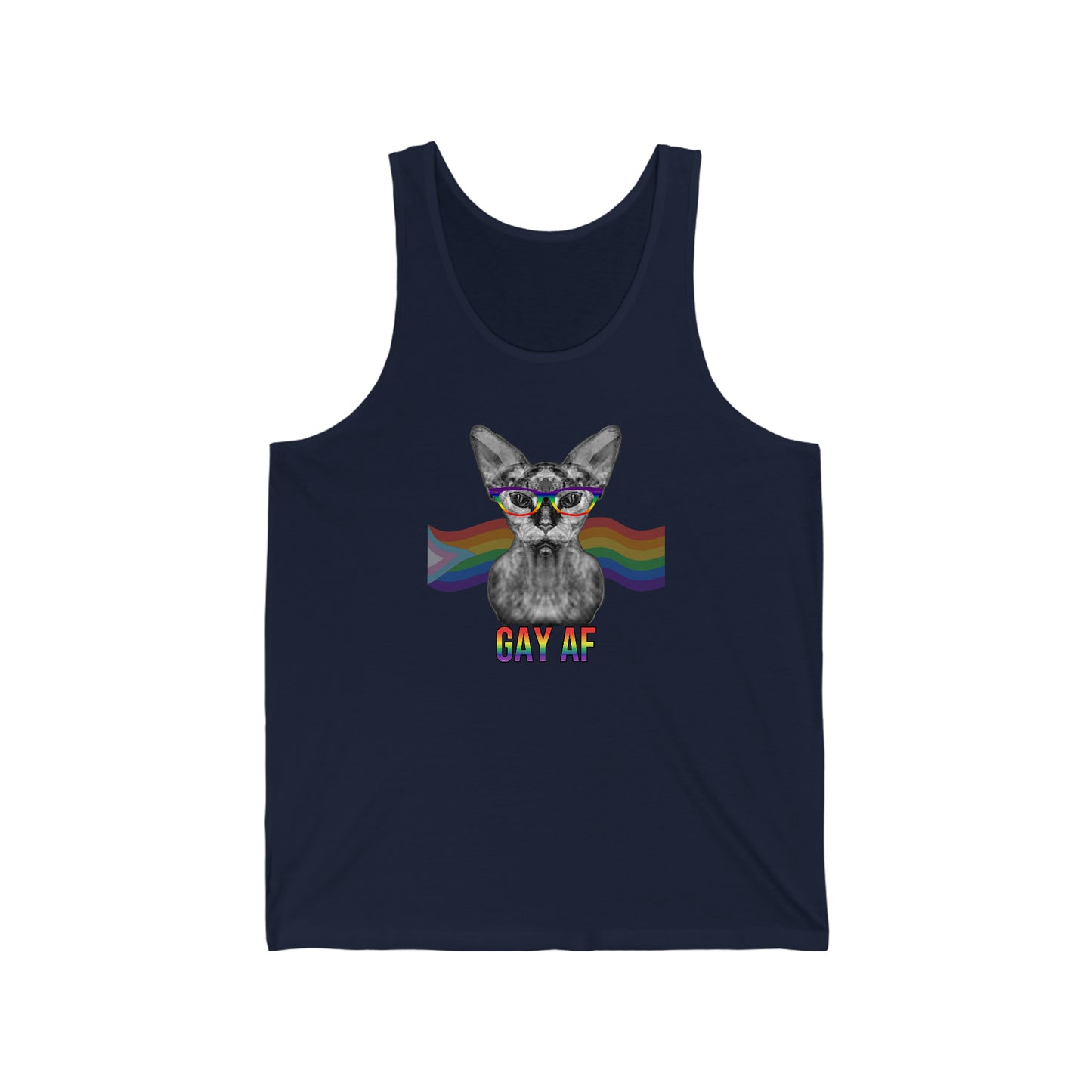 Gay AF Sphynx Cat Unisex Rainbow Jersey Tank Top