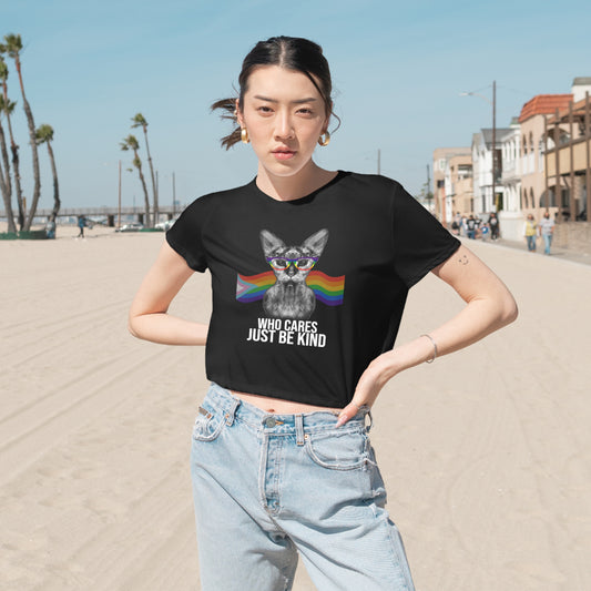 Who Cares Just Be Kind Sphynx Cat Rainbow Pride Crop Top