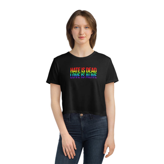 Hate is Dead Love is Alive Rainbow Flowy Pride Crop Top